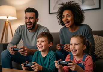 A happy, diverse family of four enjoys quality time together, playing a video game in their living room.