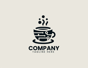 Coffee cup with digital elements illustrated as modern tech vector logo in minimal creative design style