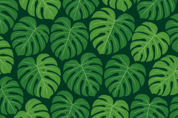 Seamless tropical monstera leaf pattern on dark green background