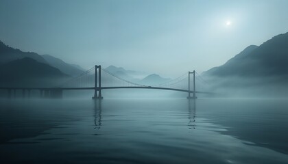 Misty Landscape Featuring Suspension Bridge Over Calm Water