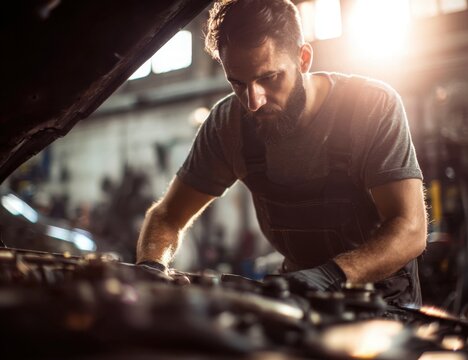 Focused man in safety gear using an angle grinder on metal, creating bright sparks in an industrial workshop environment.