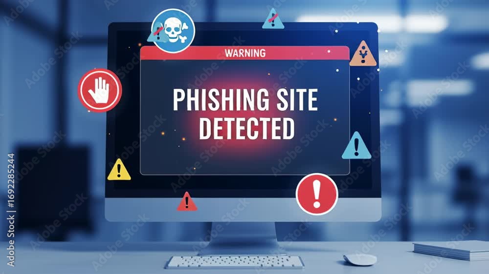 Aufkleber phishing site detected on computer monitor screen. warning signs appear on desktop device. cyber sec