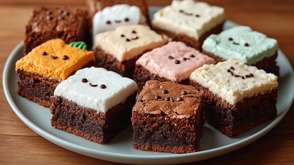 Assorted Frosted Brownies on Plate with Faces Offer Delicious Variety