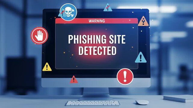 Phishing site detected on computer monitor screen. Warning signs appear on desktop device. Cyber security and digital fraud during online activity.