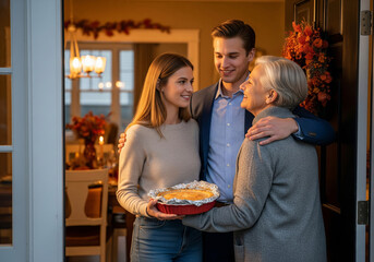 Multi-generational family embracing on a decorated porch during an autumn holiday visit.