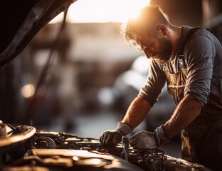 Focused man in safety gear using an angle grinder on metal, creating bright sparks in an industrial workshop environment.