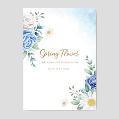 wedding invitation card with navy blue flower watercolor