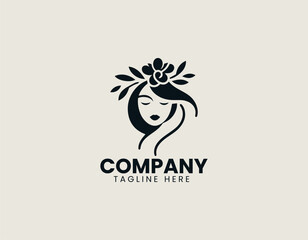 Obraz premium Girl with flower wreath illustrated as elegant vector logo in minimal decorative natural feminine design style