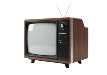 Ultra-realistic vintage retro analog television with a blank reflective screen, isolated on a transparent background with ample copy space. Concept for nostalgic media communication.