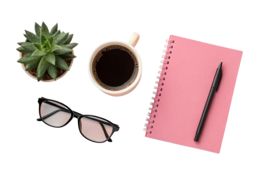 Coffee cup and notebook isolated on transparent background