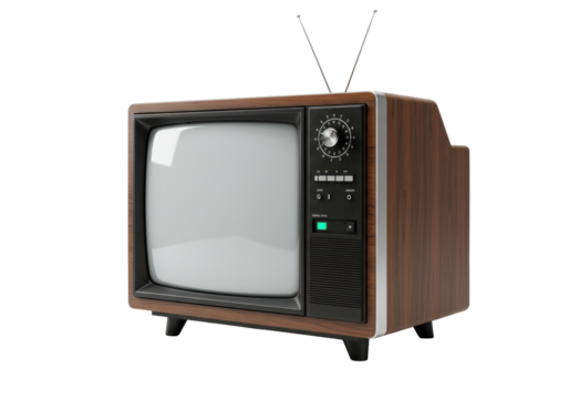 Ultra-realistic vintage retro analog television with a blank reflective screen, isolated on a transparent background with ample copy space. Concept for nostalgic media communication.
