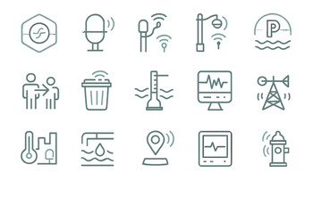 Collection of line icons representing smart city features and utilities for urban development