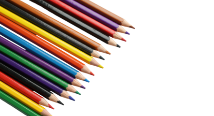 Color pencils in a flat lay on a white background with negative space, soft studio light, and sharp focus. Concept of creativity, innovation, strategic thinking
