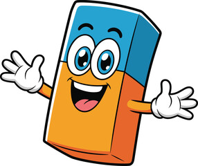Happy cartoon eraser character with cute face, open hands, school supply vector illustration, smiling stationery for kids, isolated background.