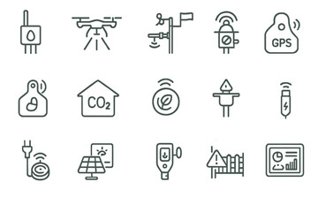 Set of smart agriculture and precision farming icons including drones, sensors, GPS tags, weather monitoring, soil analysis, and environmental control on metallic background
