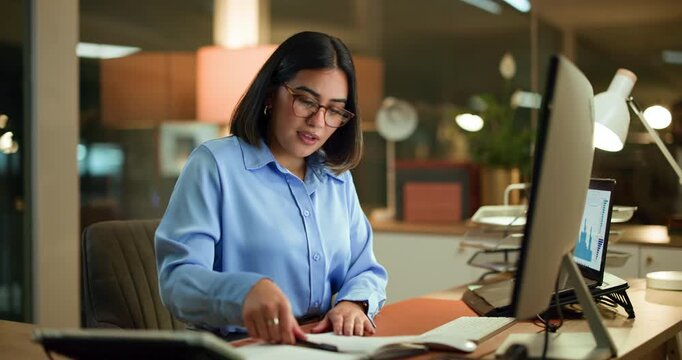 Writing, planning and computer with business woman in office for night, audit results and economy graph. Tax deadline, account manager and digital report with person in agency for budget review