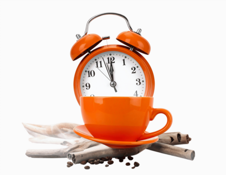 Modern Surreal Orange Twin Bell Alarm Clock with Floating Coffee Cup on transparent background PNG 