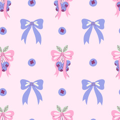 Blueberry and Bow Seamless Pattern. Cute Pastel colored Fresh Berries tied with curly Ribbons. Coquette Girly aesthetic. Fruit flat vector illustration