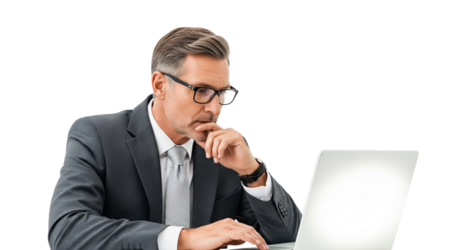 Business Professional in Dark Suit Focused on Laptop – Thoughtful Work Moment on White Background