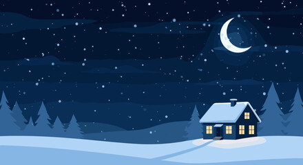 A cozy cabin shines bright under a starry winter night sky with a crescent moon