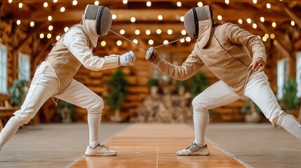 Two Fencers Engaged in a Fencing Bout Indoors Action Shot