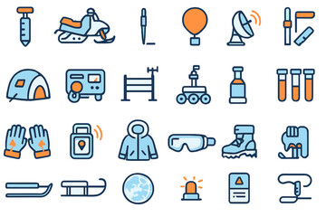 Flat design Arctic expedition and survival icon set with scientific tools, research equipment, winter gear, and polar exploration symbols on dark background