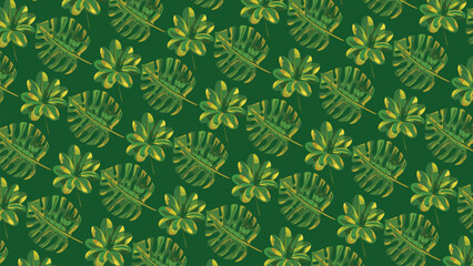 An elegant pattern features lush tropical leaves in varying shades of green against a deep green background, creating a rich and vibrant design perfect for nature-inspired decor and botanical themes.