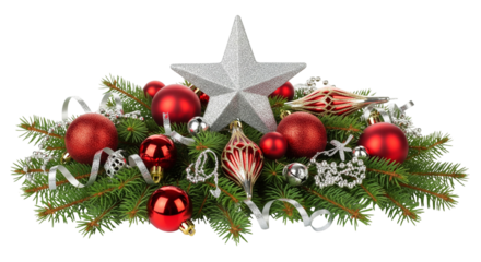Christmas Pine Arrangement with Silver Star and Ornaments – Festive Holiday Decor on White Background