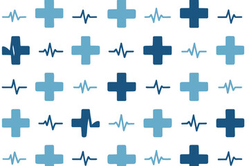 Obraz premium Seamless medical pattern with blue crosses and heartbeat lines on white background for healthcare and hospital themes
