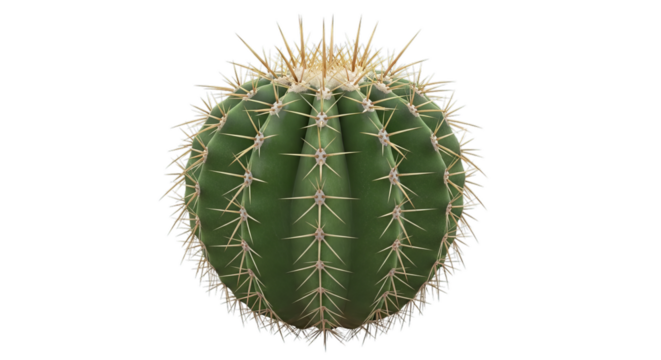A round green golden barrel cactus plant covered in sharp spines is a common desert succulent