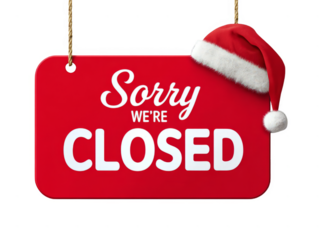 Sorry we're closed sign christmas holiday business hours santa hat hanging red notice message , isolated on transparent background