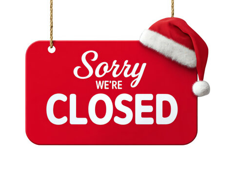 Sorry we're closed sign christmas holiday business hours santa hat hanging red notice message , isolated on transparent background