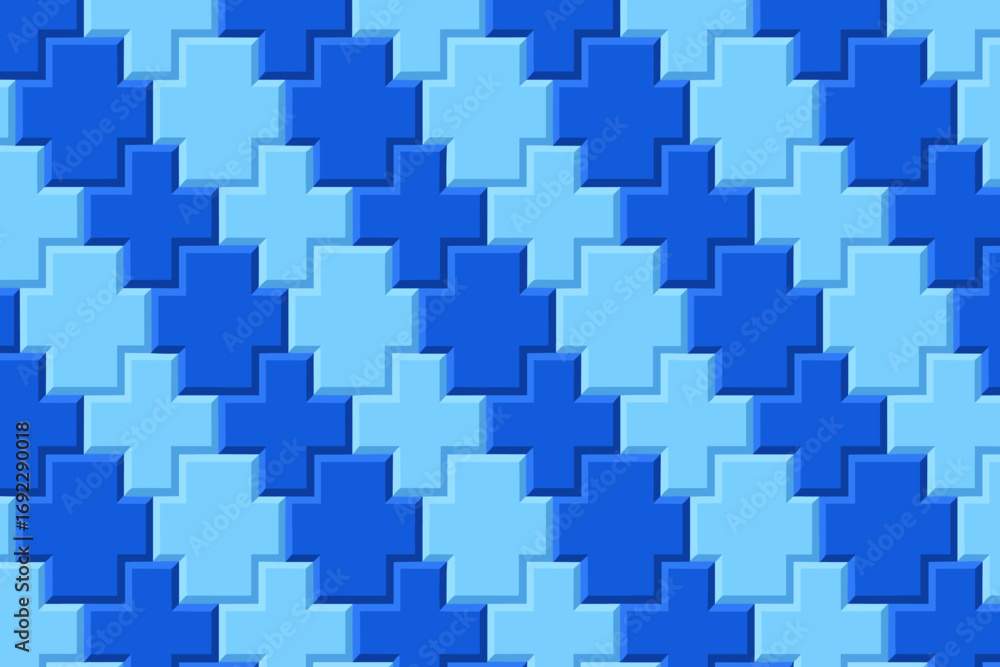 Poster colorful geometric pattern featuring blue and light blue crosses creating a 3d effect on a textured 