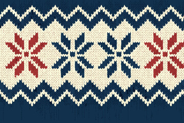 Knitted winter patterns featuring snowflakes in red and white against a navy background