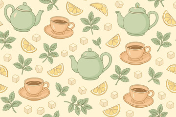 Delicate tea pattern featuring teapots, cups, and fresh ingredients for a cozy afternoon setting