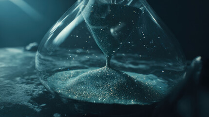 classic hourglass with golden sand suspended mid-air above mirror surreal frozen time concept no numbers illustration concept scene visual for commercial design use high detail quality stock image ill