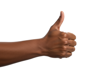Clean, well-groomed dark-skinned hand making a confident thumbs-up gesture against a transparent background with copy space, high-key studio lighting. Concept of quality and trust