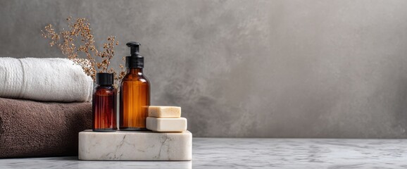 Minimalist bathroom scene with folded towels, shampoo bottles, and green leaf decor on marble countertop against grey tiled wall.