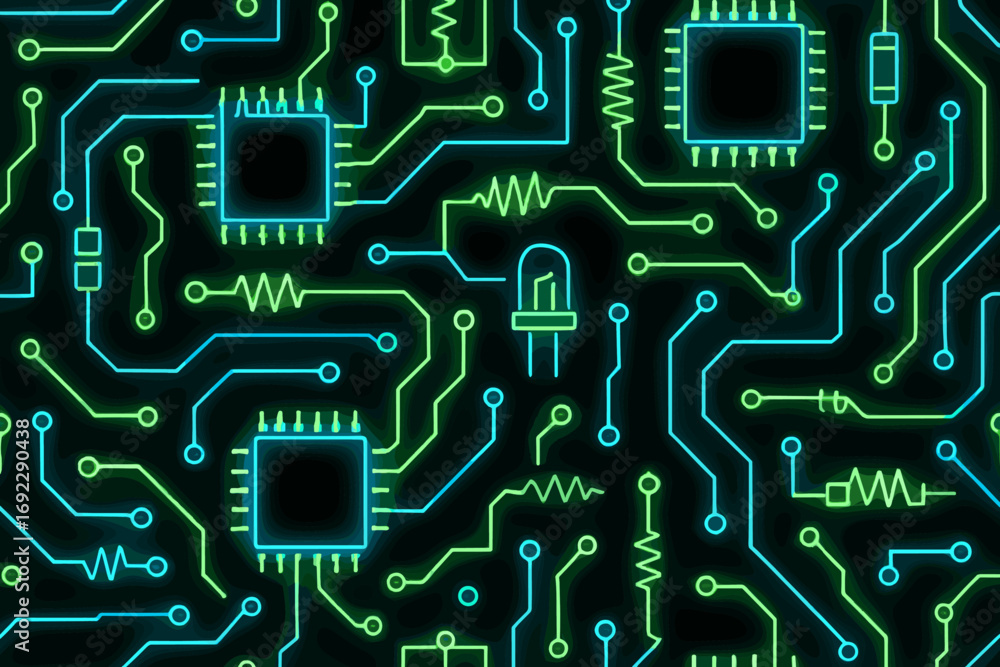 Poster futuristic circuit board design with glow effects showcasing intricate electronic components and con