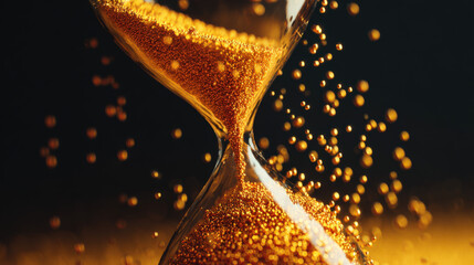 classic hourglass with golden sand suspended mid-air above mirror surreal frozen time concept no numbers illustration concept scene visual for commercial design use high detail quality stock image ill