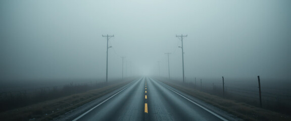 Misty road journey remote landscape photography foggy environment wide angle view nature exploration