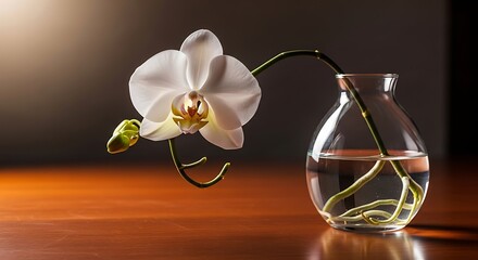 Elegant White Orchid Blossom in Glass Vase on Wooden Surface.