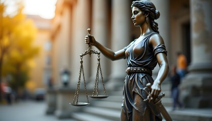 A bronze statue of Lady Justice holding a balance scale and a sword, symbolizing the fair and equal administration of justice, set against a blurred background