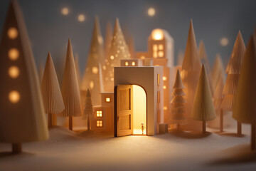 A stylized advent calendar with a single open door revealing a soft glow and a small, blurred surprise inside.