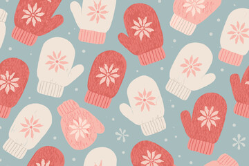 Seamless Pattern of Cozy Knit Mittens with Snowflake Design on Blue Winter Background