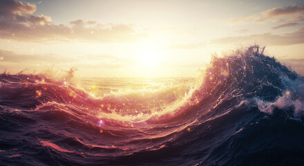 Dynamic ocean wave with golden sunlight and sparkling water creates a powerful, awe-inspiring seascape.
