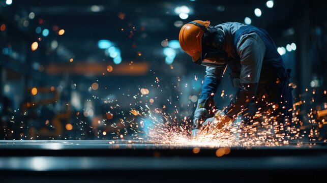 Focused man in safety gear using an angle grinder on metal, creating bright sparks in an industrial workshop environment.