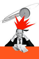 Vertical poster collage senior businessman migraine suffer headache urgency deadline overwhelmed...