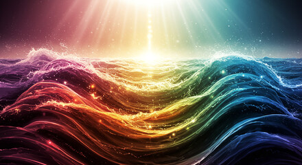 Vibrant waves of color shimmer under radiant sunlight, creating a mesmerizing, ethereal ocean spectacle.