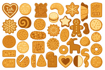 Variety of German holiday cookies and festive biscuits on orange background with "Ich liebe dich" heart